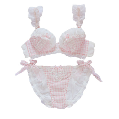 Women's Plaid Gathered Bra and Panty Set - Lace Trim Convertible Design