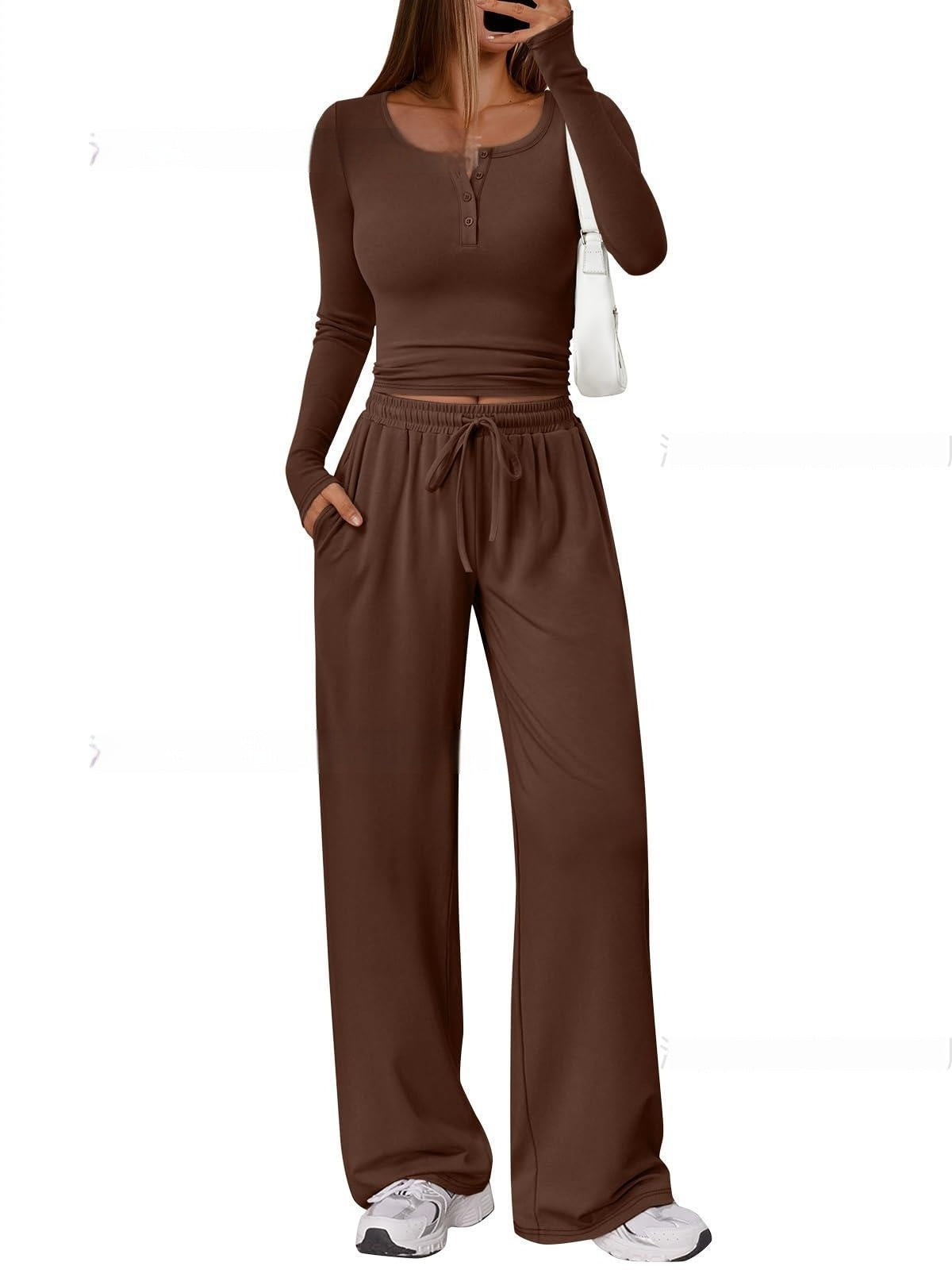 Women's Comfortable Casual Long-Sleeve Wide-Leg Pants Set - Japandi Style Pleated Top with Polyester