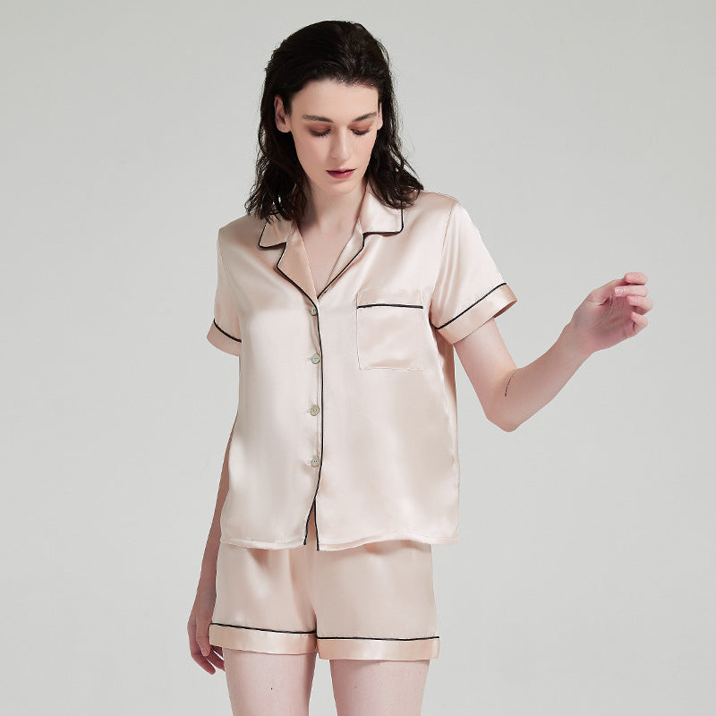 Women's Luxe Silk Short Sleeve Pajama Set - Mulberry Silk Summer Sleepwear with V-Neck Top and Shorts