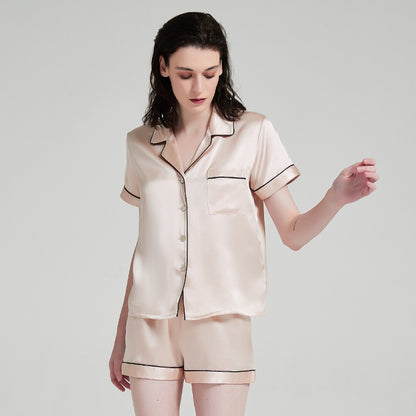 Women's Luxe Silk Short Sleeve Pajama Set - Mulberry Silk Summer Sleepwear with V-Neck Top and Shorts
