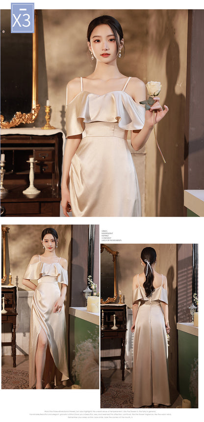 Champagne Satin Sleeveless High Waist Formal Dress | Elegant Wedding & Party Gown