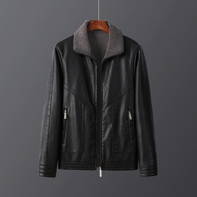 Men's Fleece-Lined PU Leather Jacket - Winter Outerwear