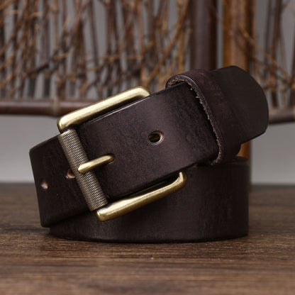 Handmade 4CM Wide First Layer Cowhide Leather Belt - Thickened Genuine Leather with Copper Buckle