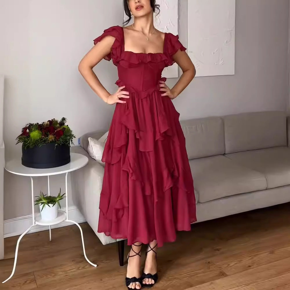 Women's Summer Ruffled Short-Sleeve Backless Square Neck Maxi Dress