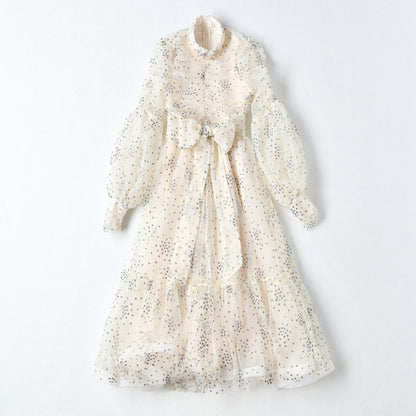 Women's Starlit Mesh Silk Wrap Dress - Shimmering Star Print Evening Dress with Metallic Accents