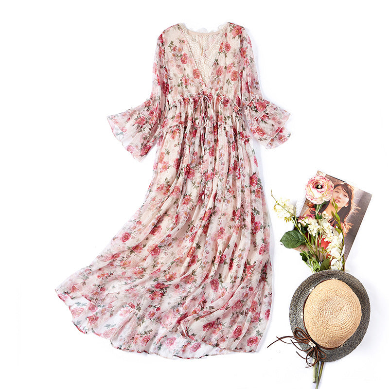 Premium Mulberry Silk Midi Dress - Lace V-Neck with Lotus Leaf Sleeves