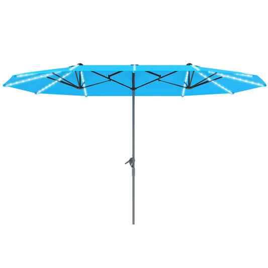 15ft Double-Sided Outdoor Patio Umbrella with Solar LED Rib Lights | UPF50+ | Crank Lift | Blue