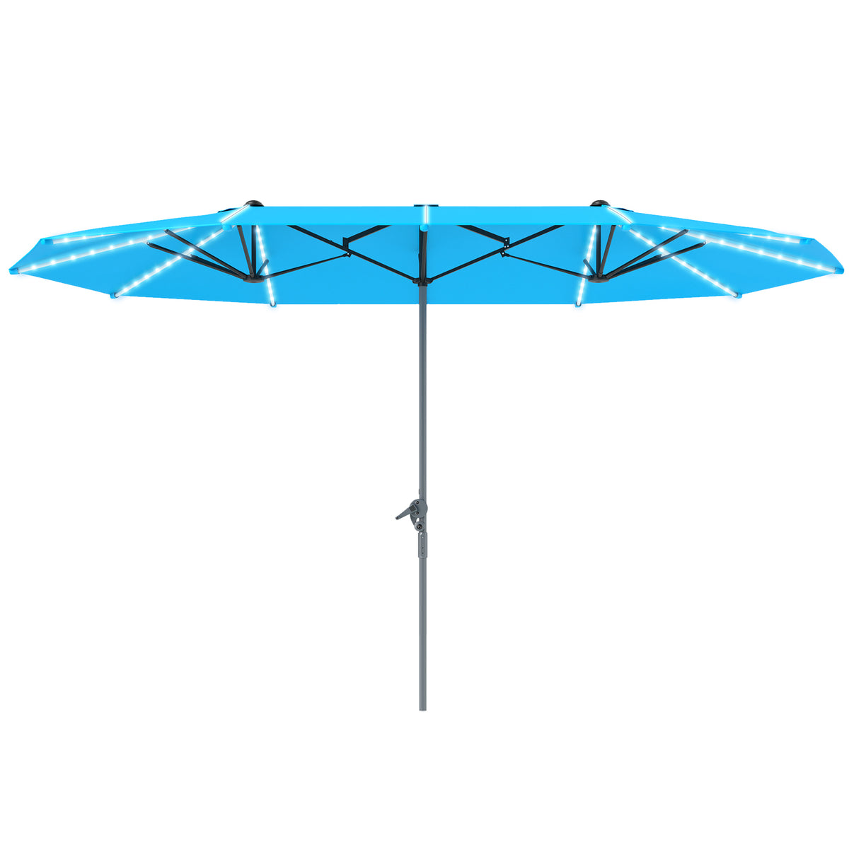 15ft Double-Sided Outdoor Patio Umbrella with Solar LED Rib Lights | UPF50+ | Crank Lift | Blue