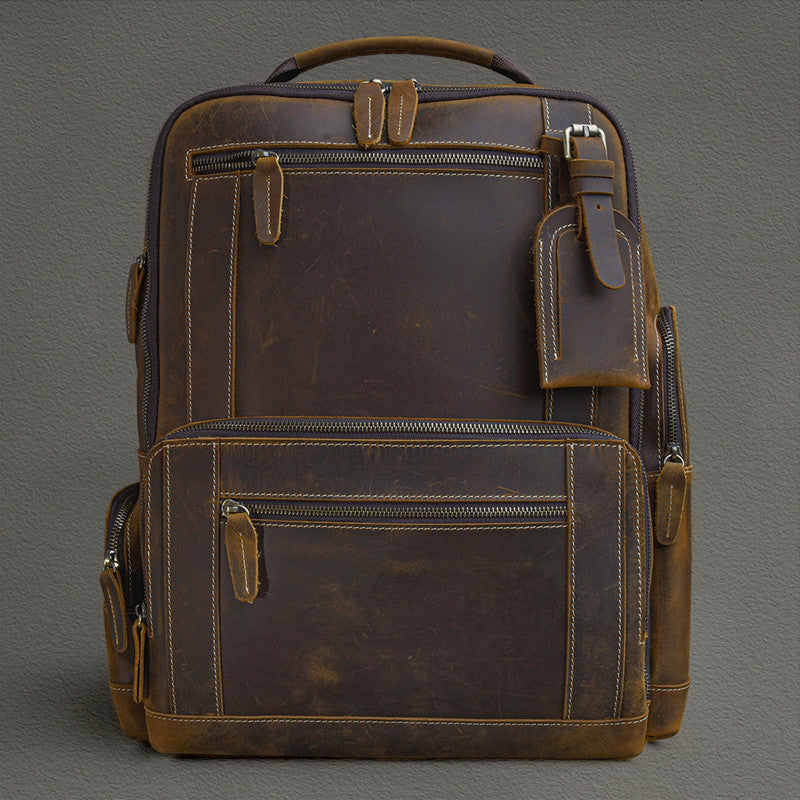 Men's First Layer Cowhide Leather Backpack - European American Retro Style with Laptop Compartment