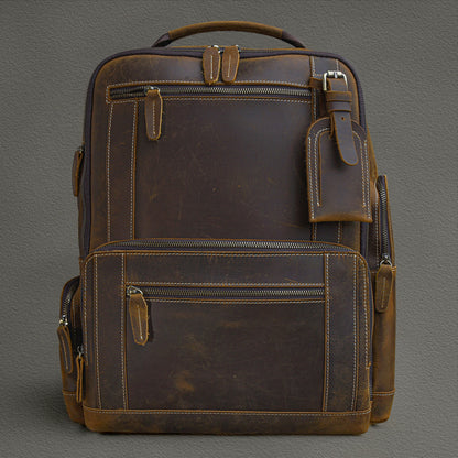 Men's First Layer Cowhide Leather Backpack - European American Retro Style with Laptop Compartment