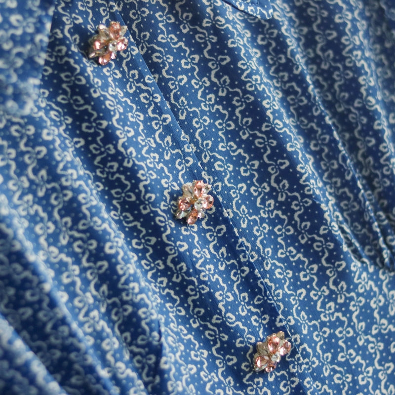 Ladies Blue Small Floral Crystal Button Silk Dress