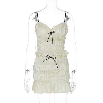 Women's Chiffon Pleated Short Skirt Set with Straps - Two-Piece Sleeveless Outfit