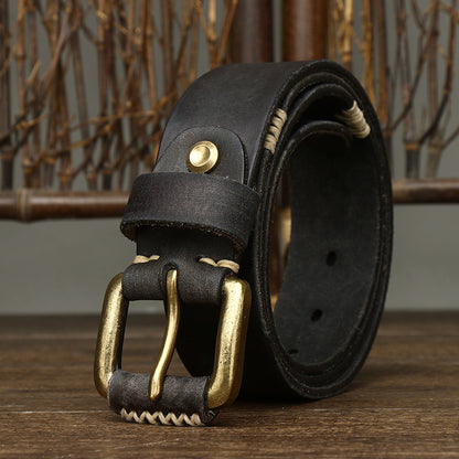 Handmade Retro First Layer Cowhide Leather Belt - Genuine Leather with Copper Pin Buckle