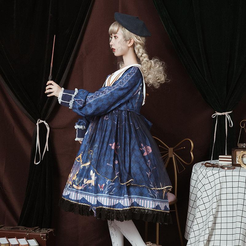 Victorian Lolita Dress - Butterfly Print Puff Skirt with Lace