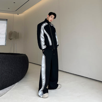 Men's Standing Collar Cardigan Hoodie Set - Cotton Blend Jacket and Pants