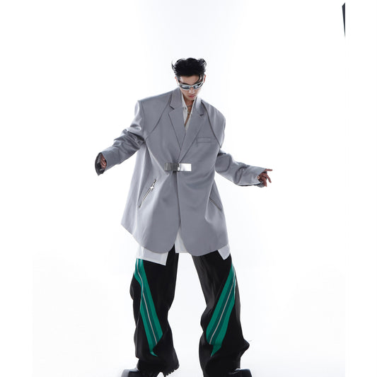 Ice Silk Padded Shoulder Suit Jacket - Zipper Stitching Detail