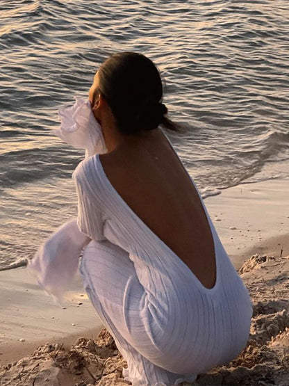 High Waist A-Line Maxi Dress - Long Sleeve Cotton Knit Dress
