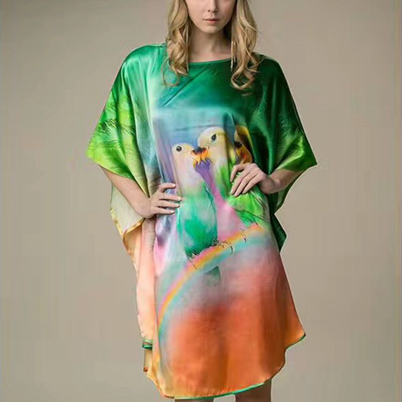Women's Luxe Silk Bat Sleeve Nightdress - 100% Mulberry Silk Loose Fit Pajama Dress with Inkjet Prints