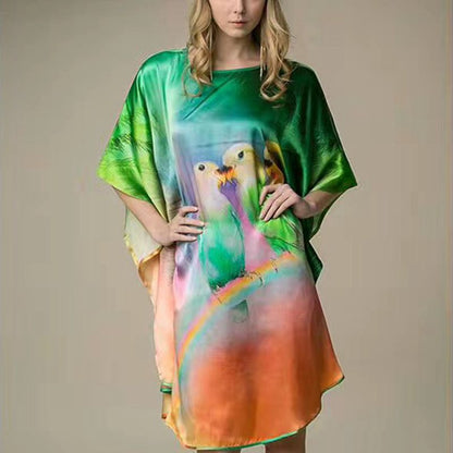 Women's Luxe Silk Bat Sleeve Nightdress - 100% Mulberry Silk Loose Fit Pajama Dress with Inkjet Prints