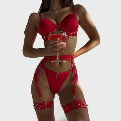 Women's Metal Chain Lingerie Four-Piece Set - Front Buckle Design