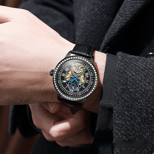 Men's Mechanical Watch - Stainless Steel Strap, Transparent Case Back & Mineral Glass