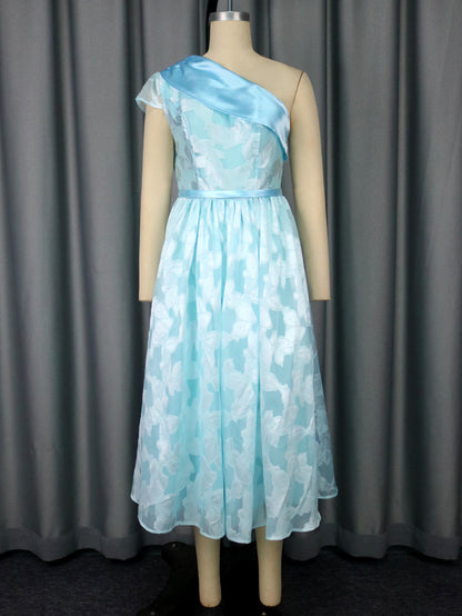 Women's Oblique Shoulder Jacquard Evening Dress – Elegant A-Line Contrast Color Maxi