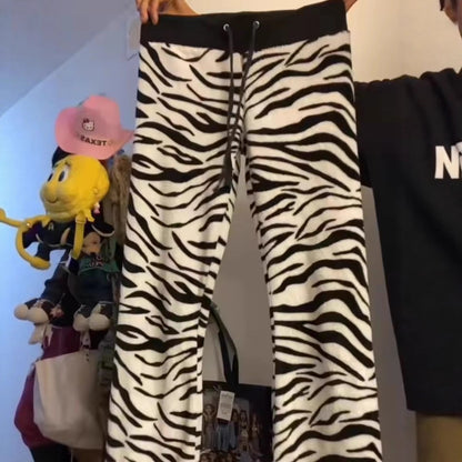 Striped Leopard Print High-Waist Drawstring Casual Trousers