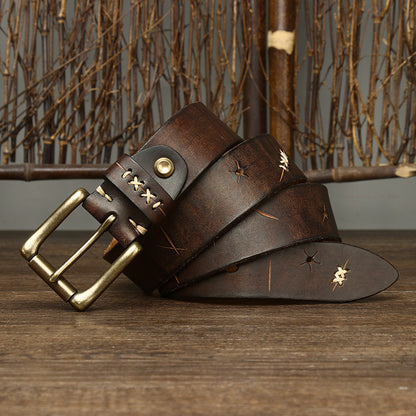 Washed-Out Vintage First Layer Cowhide Leather Belt - Genuine Leather Jeans Belt with Copper Pin Buckle