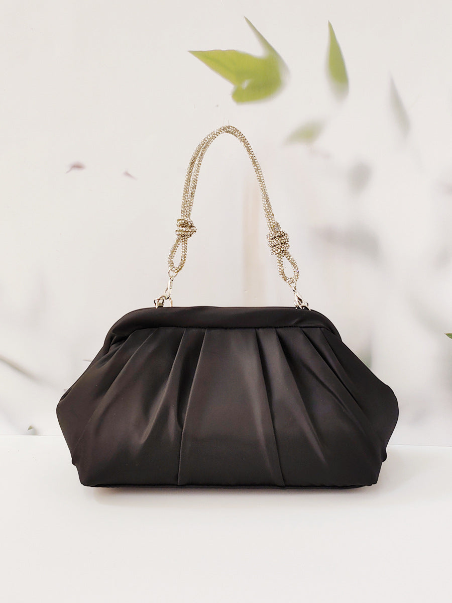 Polyester Evening Clutch - Shell Shape Shoulder Bag with Diamond Detail and Chain