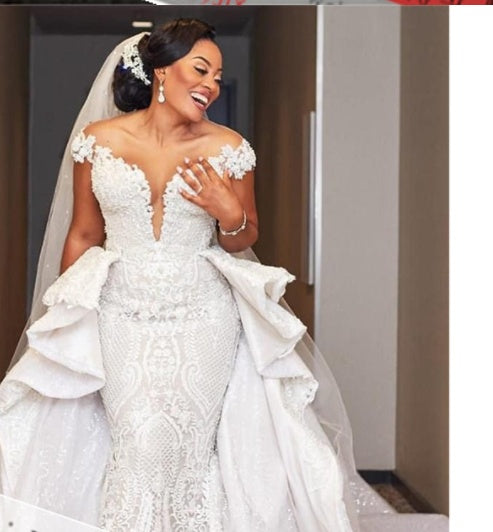 African Mermaid Detachable Lace Wedding Dress - Elegant Bridal Gown