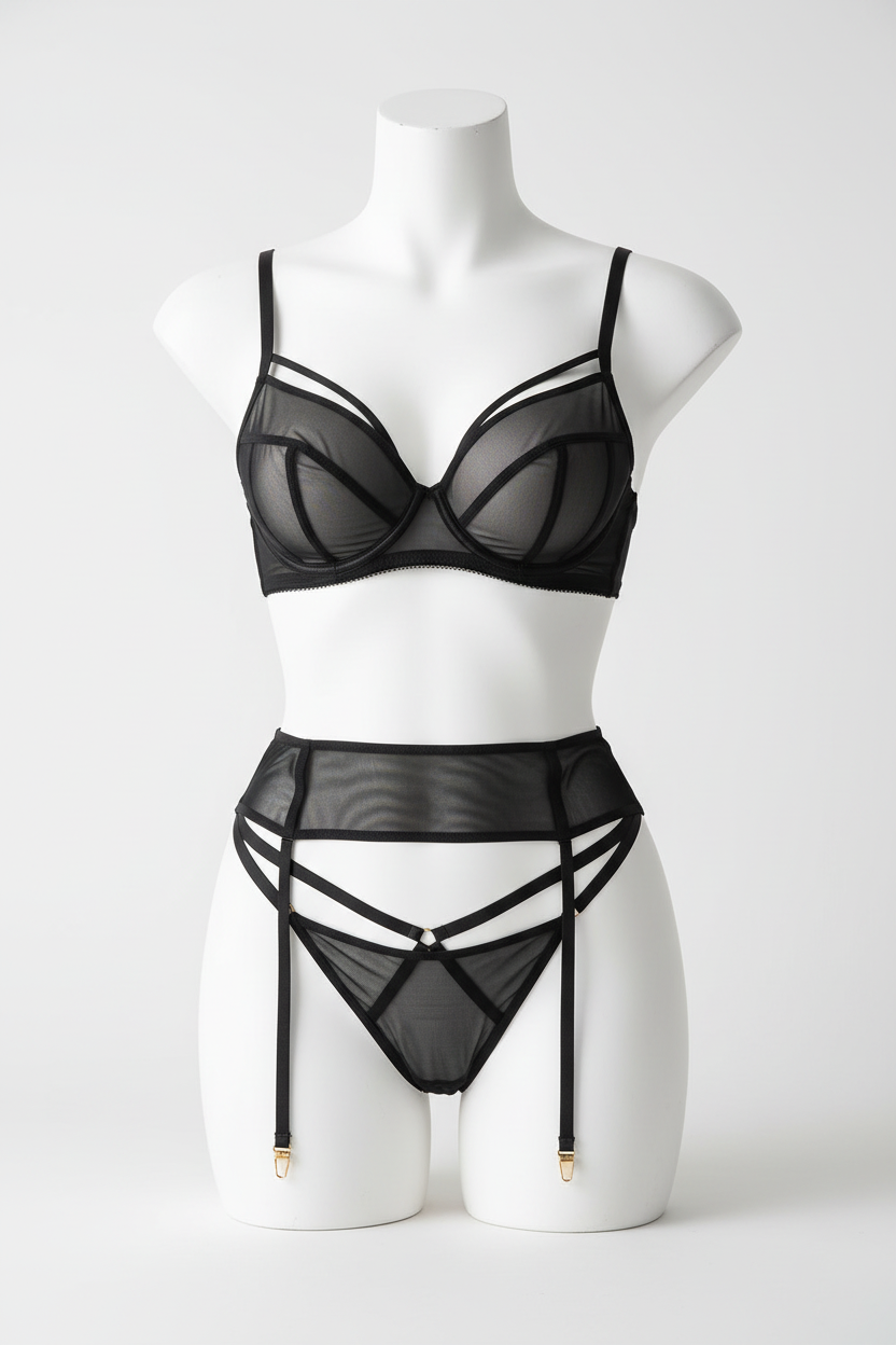 Women's Sheer Mesh Lingerie Set with Garter - Three-Piece Collection
