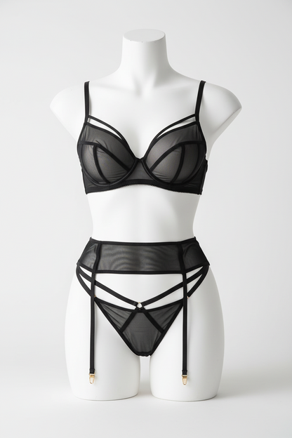 Women's Sheer Mesh Lingerie Set with Garter - Three-Piece Collection
