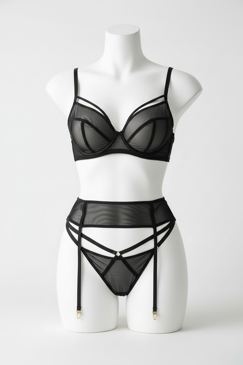 Women's Sheer Mesh Lingerie Set with Garter - Three-Piece Collection