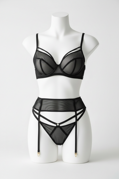 Women's Sheer Mesh Lingerie Set with Garter - Three-Piece Collection