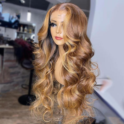 Honey Blonde Body Wave Lace Front Wig - Pre-Plucked with Highlights