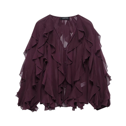 Women's Western-Style V-Neck Layered-Design Blouse - Elegant Long Sleeve Top