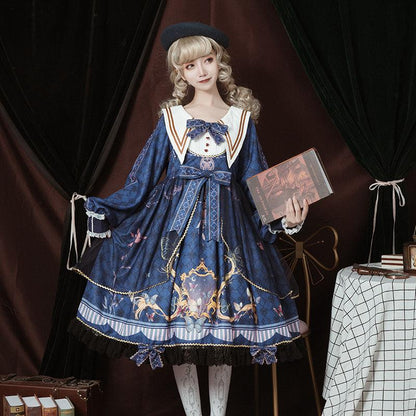 Victorian Lolita Dress - Butterfly Print Puff Skirt with Lace