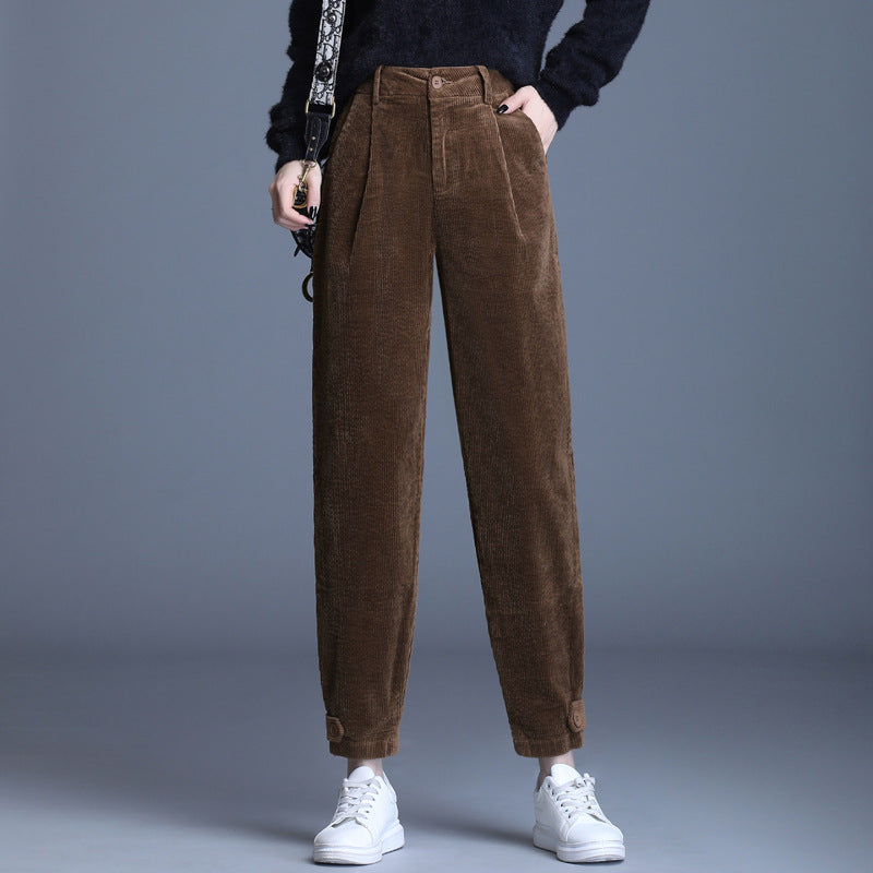 High Waist Cropped Corduroy Trousers - Women's Loose Fit Tooling Pants