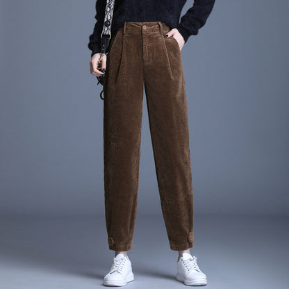 High Waist Cropped Corduroy Trousers - Women's Loose Fit Tooling Pants