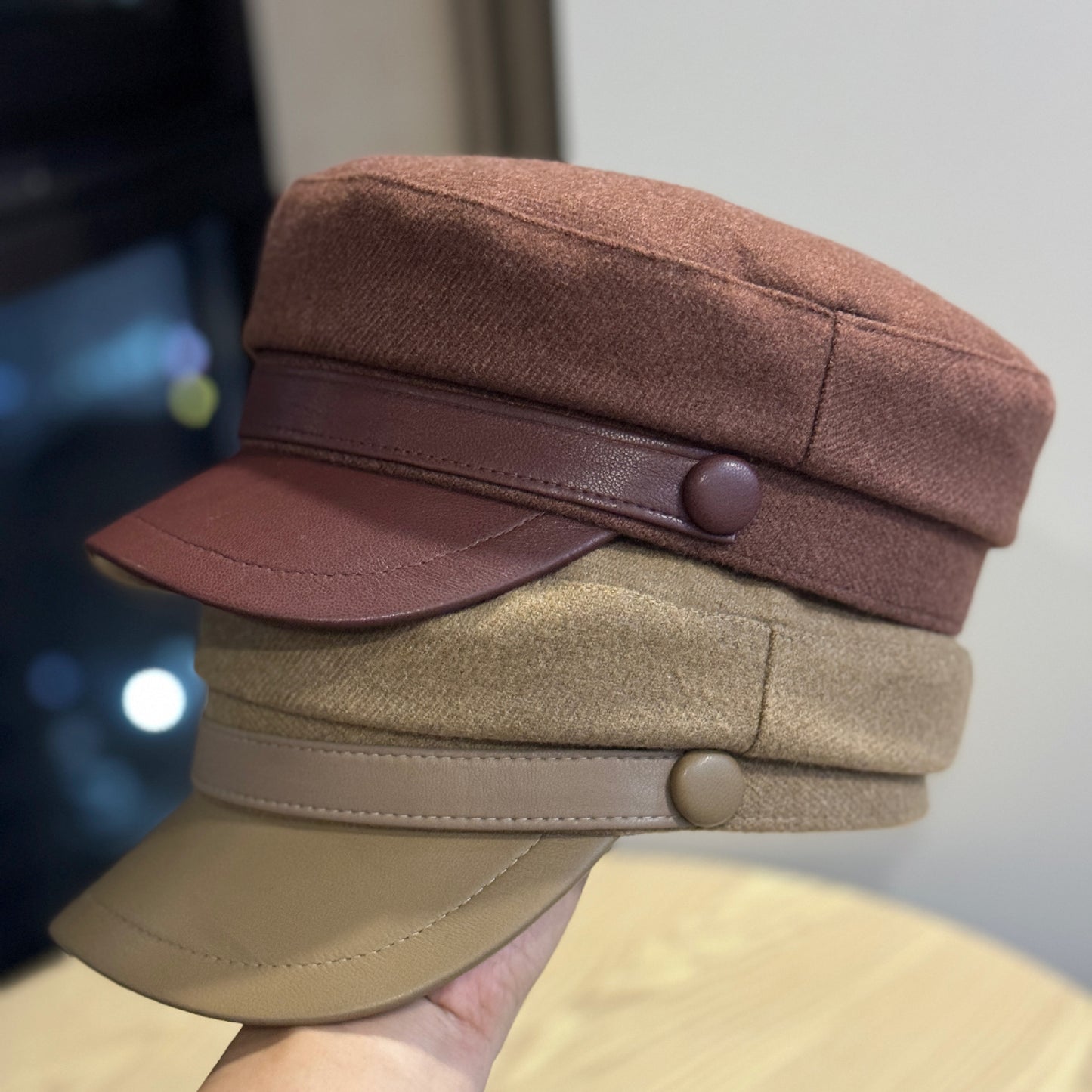 Retro PU Leather Flat-Top Wool Hat - Adjustable Winter Cap