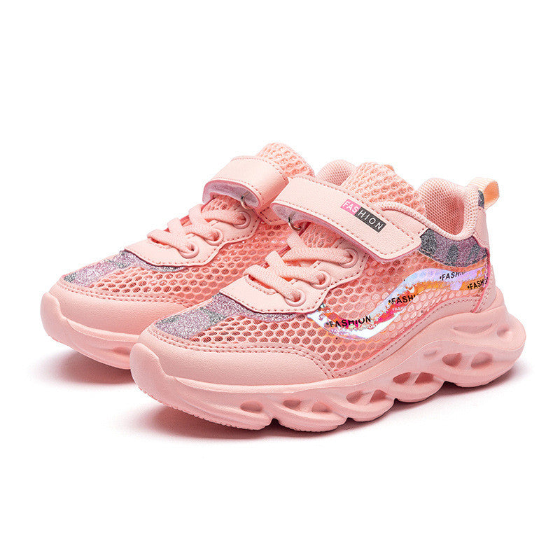 Girls' Three-Layer Mesh Sneakers | Velcro | Breathable EVA Sole | Sizes 26–37 | Pink & Orange Pink