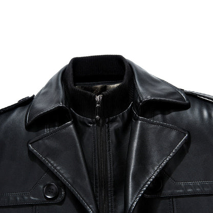 Men's Mid-Length Sheepskin Leather Jacket - Fitted Suit Collar with Fur Lining
