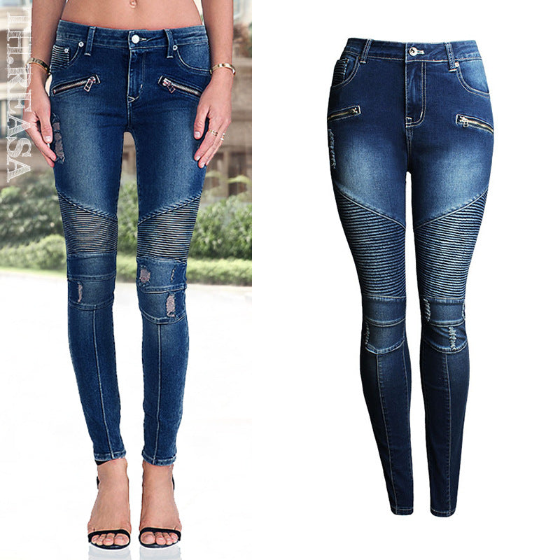 Women's Motorcycle Biker Skinny Jeans - Mid-High Waist Stretch Denim with Zipper Detail