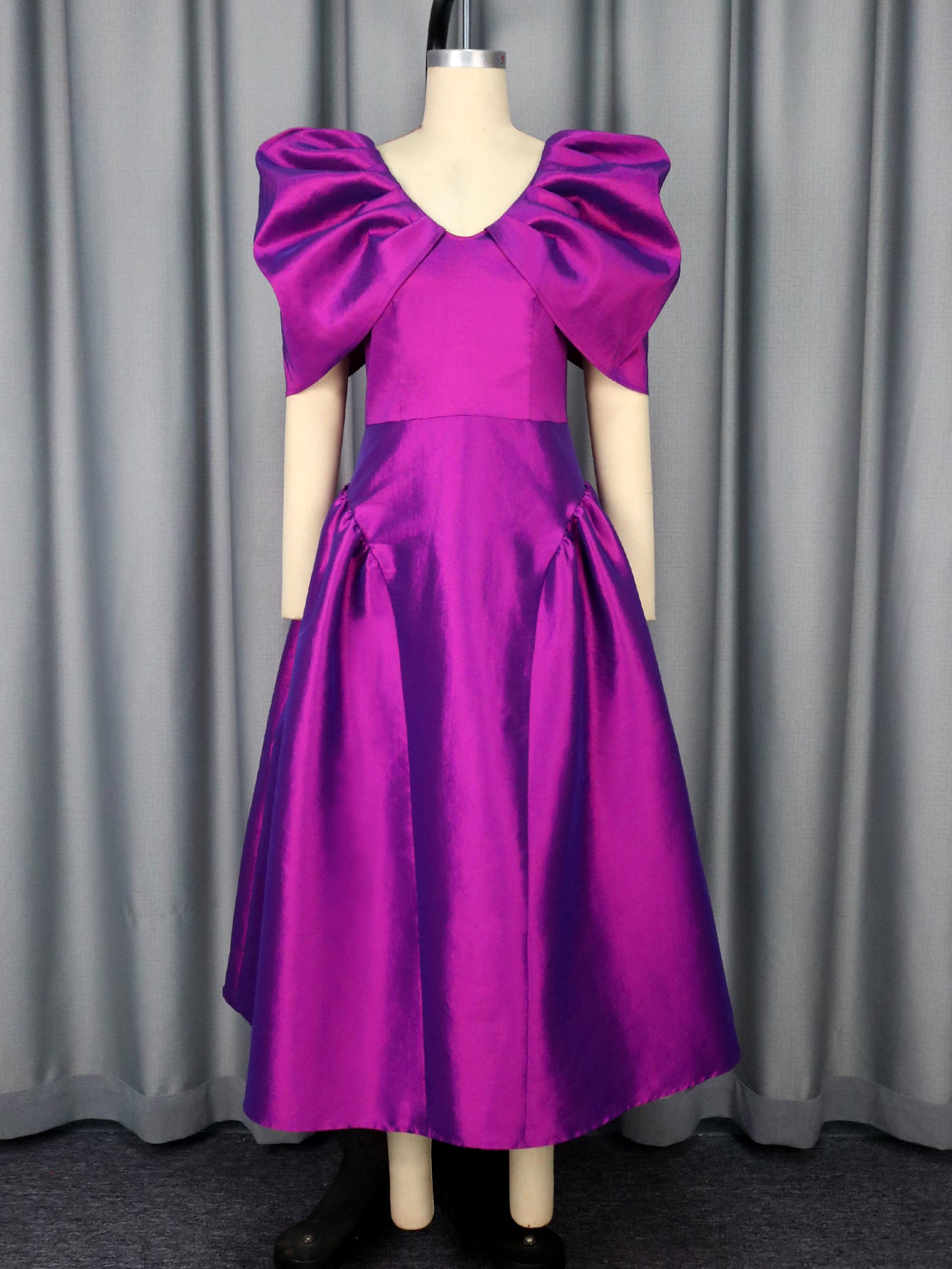 Women's Puff Sleeve A-Line Evening Dress | Pleated Maxi Banquet Gown