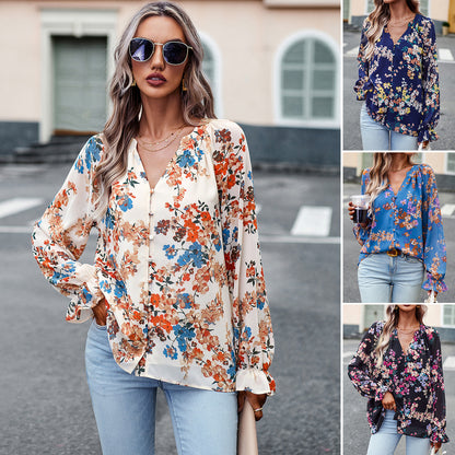 Women's Floral Print V-Neck Chiffon Blouse - Long Sleeve Casual Top