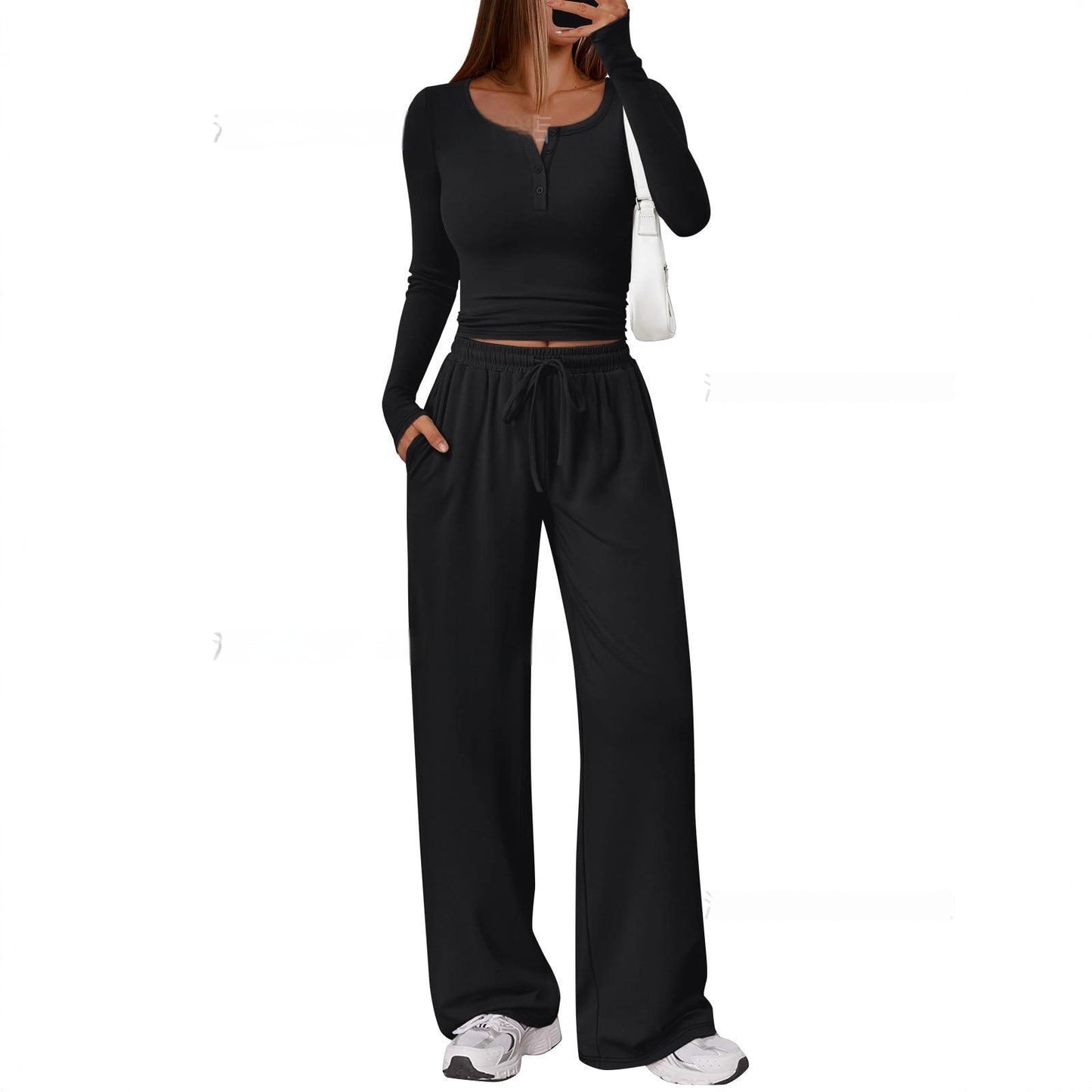 Women's Comfortable Casual Long-Sleeve Wide-Leg Pants Set - Japandi Style Pleated Top with Polyester
