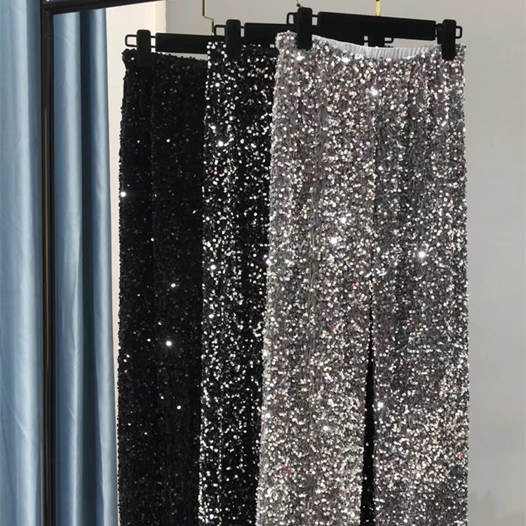 Women's Sequined High-Waist Wide Leg Pants - Korean Velvet Trousers
