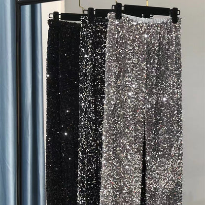 Women's Sequined High-Waist Wide Leg Pants - Korean Velvet Trousers