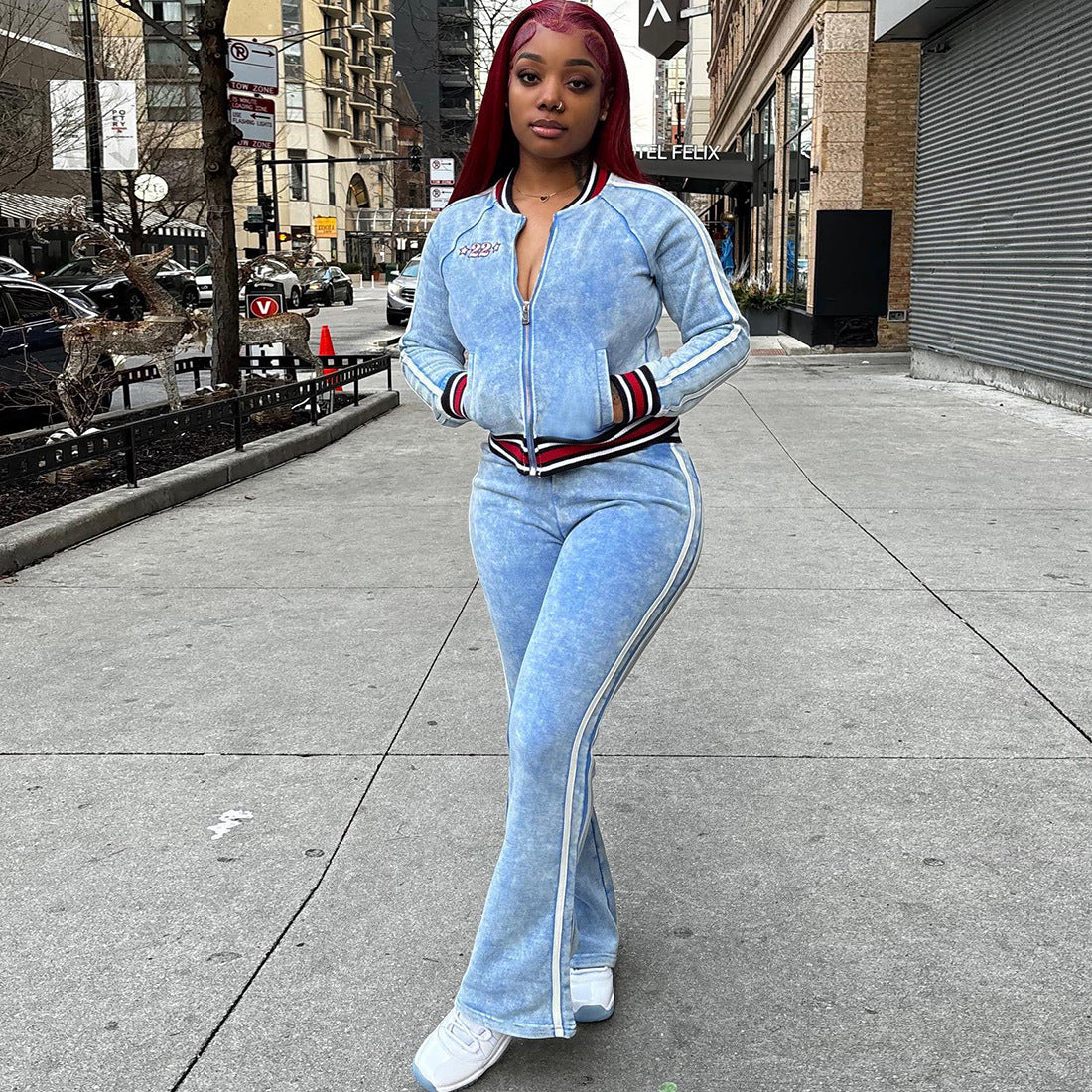 Women's Striped Color-Block Long Sleeve Top and Flared Leg Pants Set