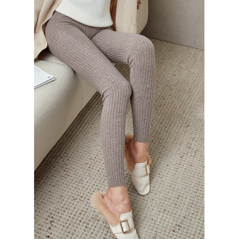 Drawstring Wool Knit Leggings - Warm Stretch Slim Fit Pants